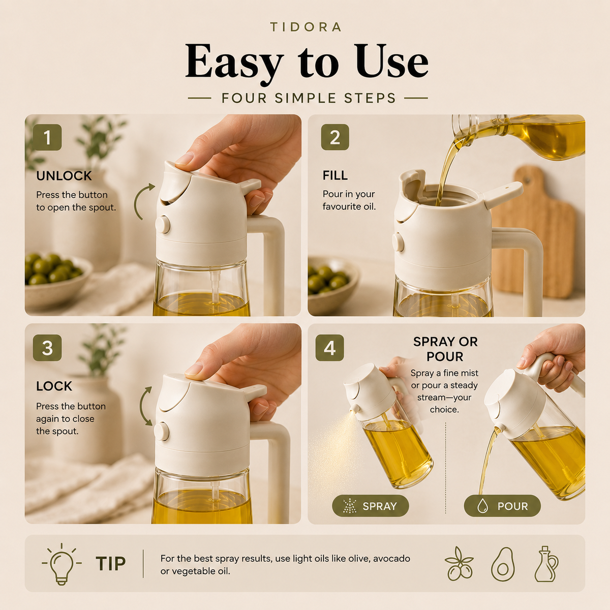 Tidora PourMist™ 2-in-1 Oil Sprayer & Dispenser