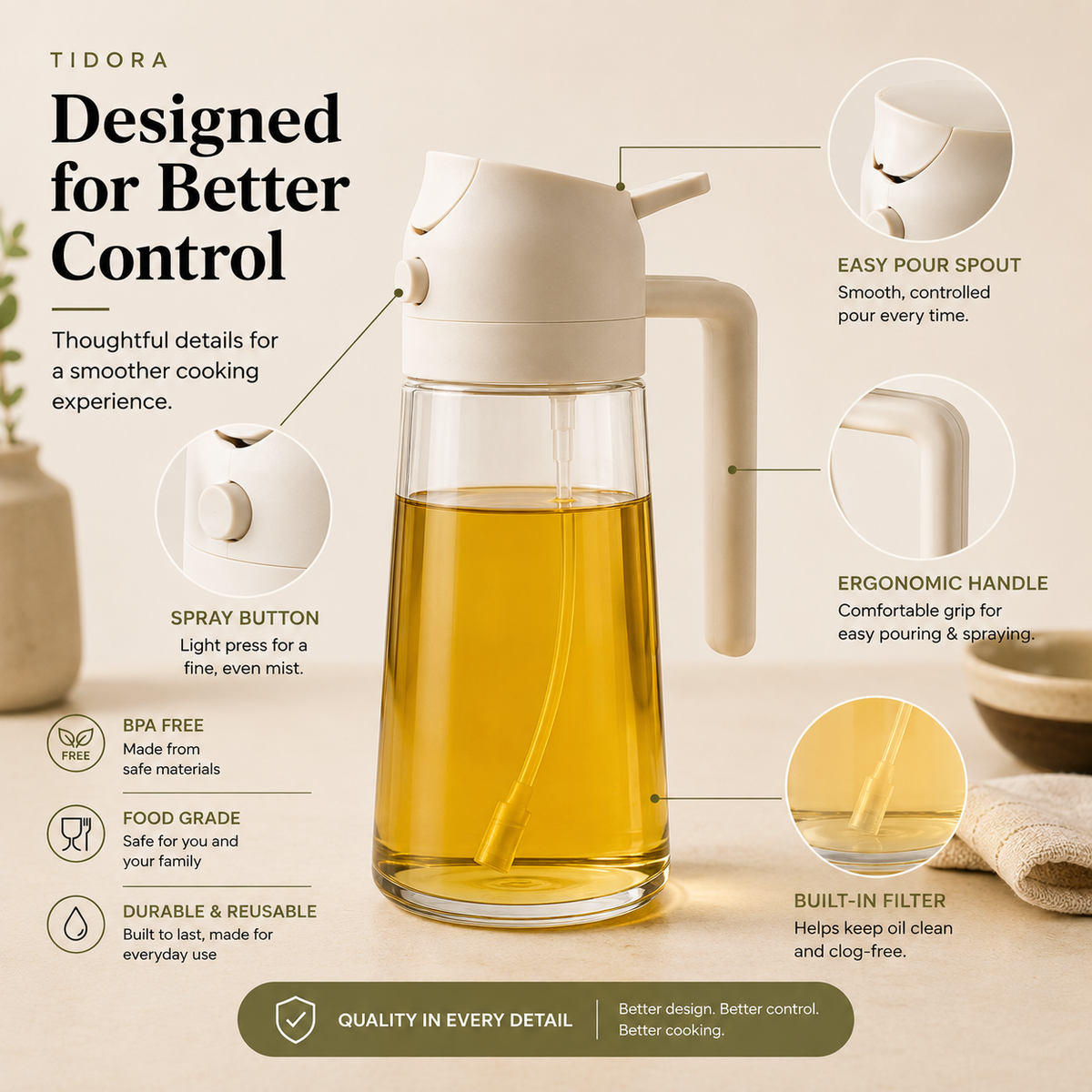 Tidora PourMist™ 2-in-1 Oil Sprayer & Dispenser